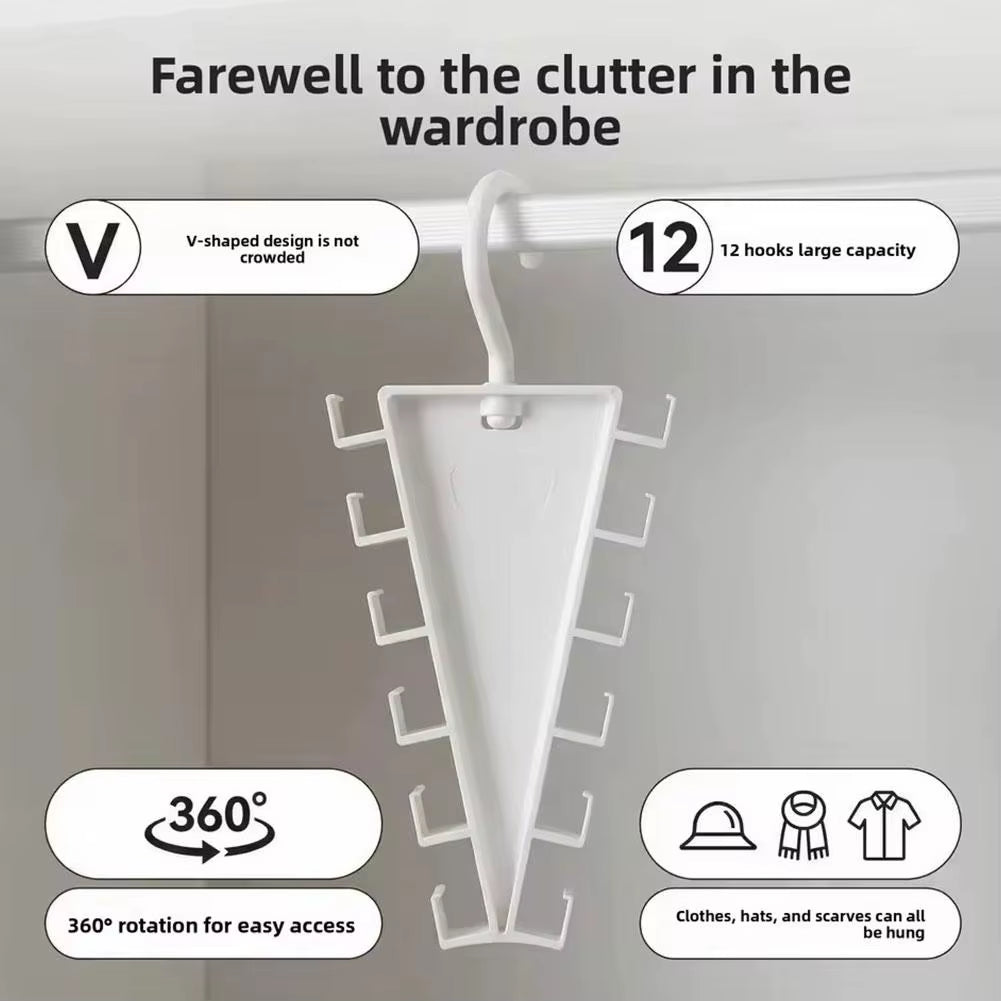 V-Shape Rotatable Multi-Hook Closet Organizer with 12 Hooks - Double-Sided Space-Saving Multifunctional Wardrobe Hat Rack